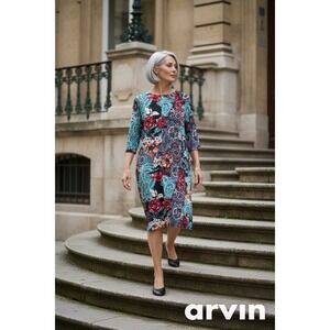 Roamans Women's Multicolor Floral 3/4 Sleeves Round Neck Midi Dress Sz Large